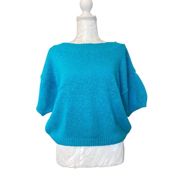 Vintage 80s Turquoise Blue Boat Neck Short Sleeve Knit Sweater Size medium - Picture 1 of 15